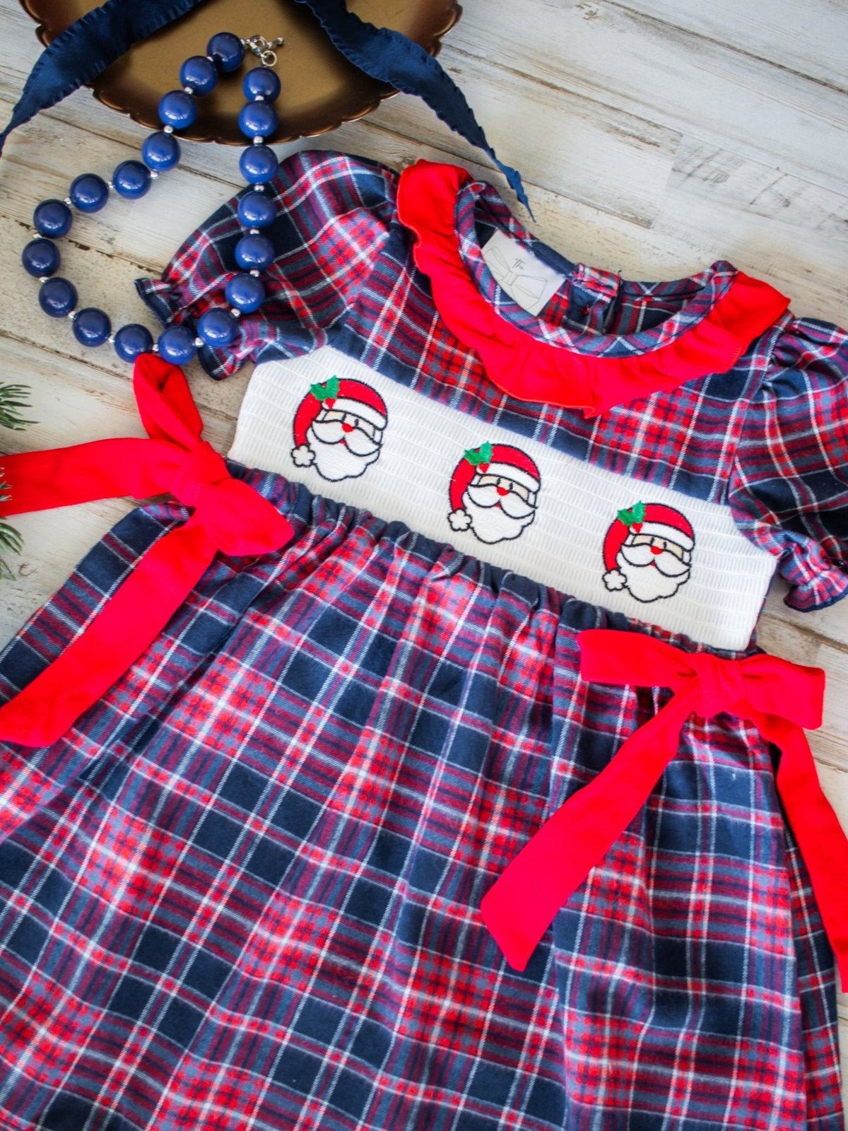 Santa Smocked Girls Plaid Dress