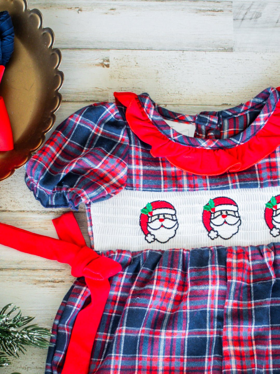 Santa Trio & Bows Plaid Infant Girls Onesie - FINAL SALE