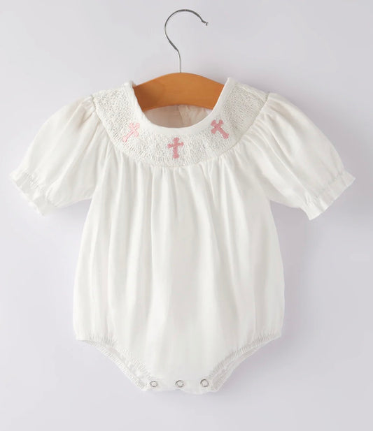 White Smocked Church Christ Bishop Christening Girls Romper