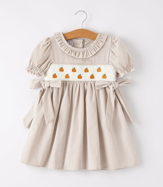 Halloween & Thanksgiving Pumpkin
Embroidery Smock Plaid Girls Dress