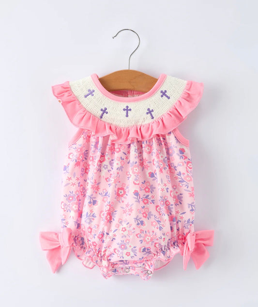 Floral Smocked Church Christ Bishop Christening Baby Girls Romper
