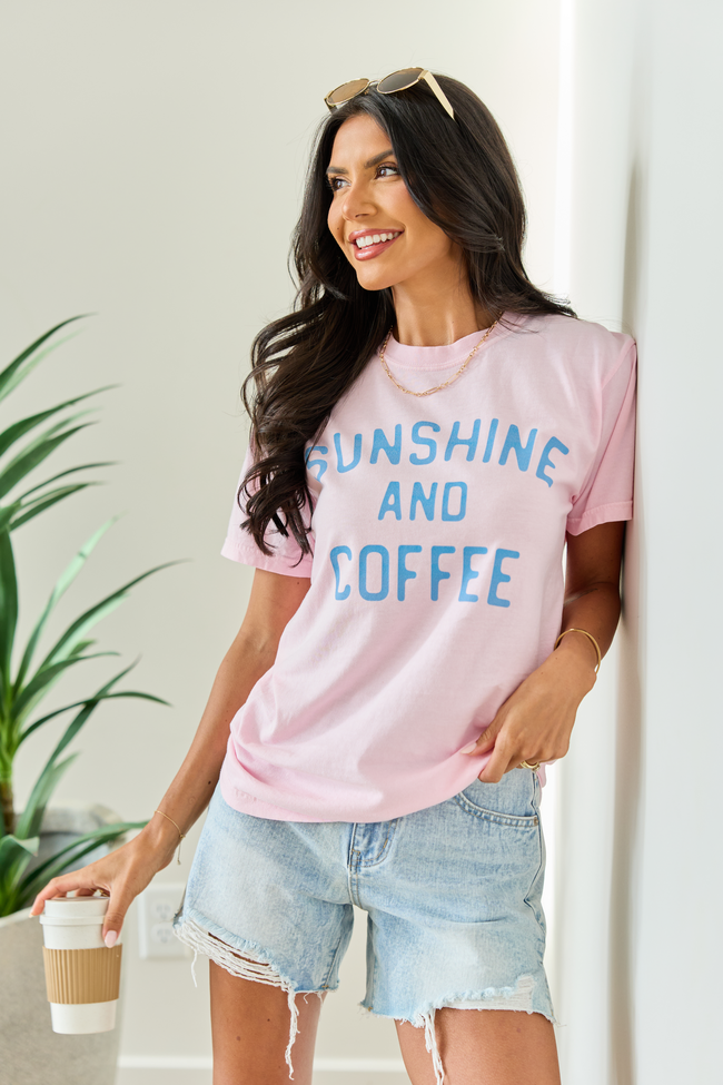 Sunshine And Coffee Light Pink Comfort Colors Graphic Tee SALE