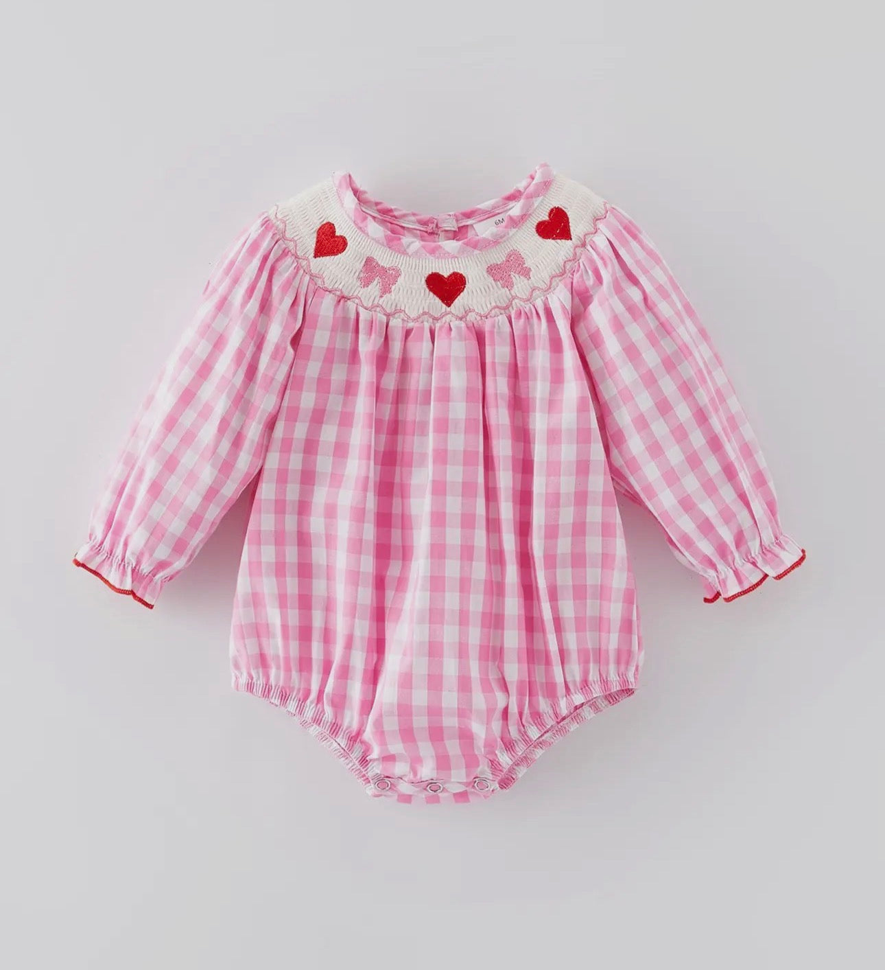 PRE-ORDER- Valentine's Day Heart Bow Smocking Embroidered Pink Romper