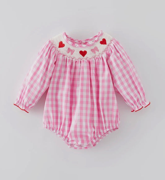 PRE-ORDER- Valentine's Day Heart Bow Smocking Embroidered Pink Romper