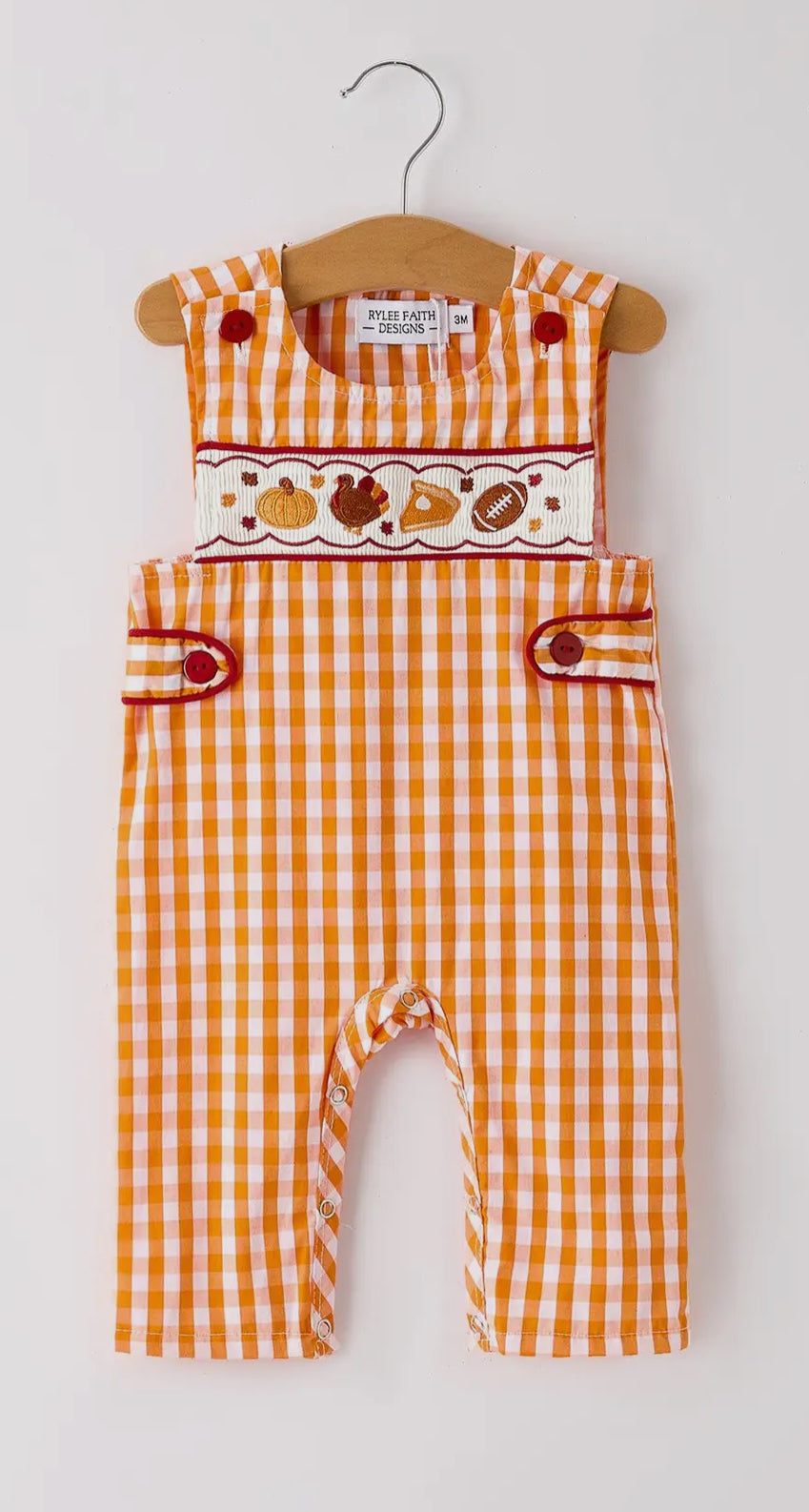 RTS- Fall Turkey Embroidered Romper for Baby Boys – Orange Checkered with Halloween Details