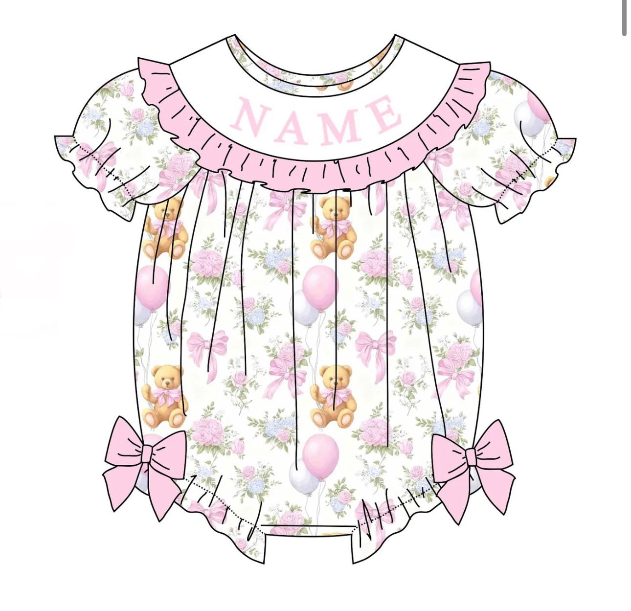 PO- CUSTOM Smocked Teddy Bear Birthday Wishes Bubble (PINK)