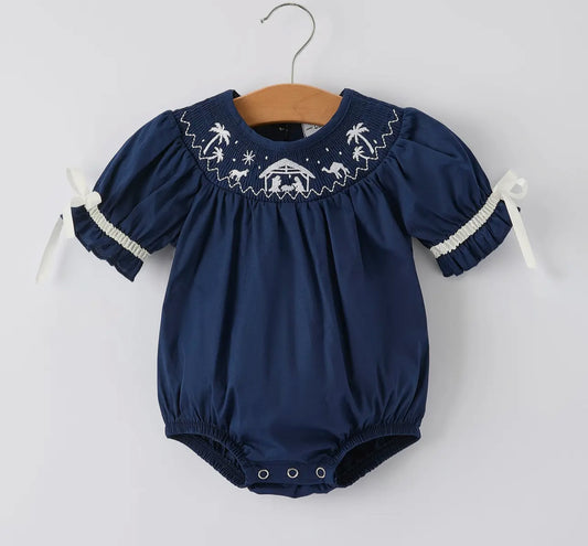 Navy Blue Nativity Smocking
Embroidered Baby Girls Christmas
Romper