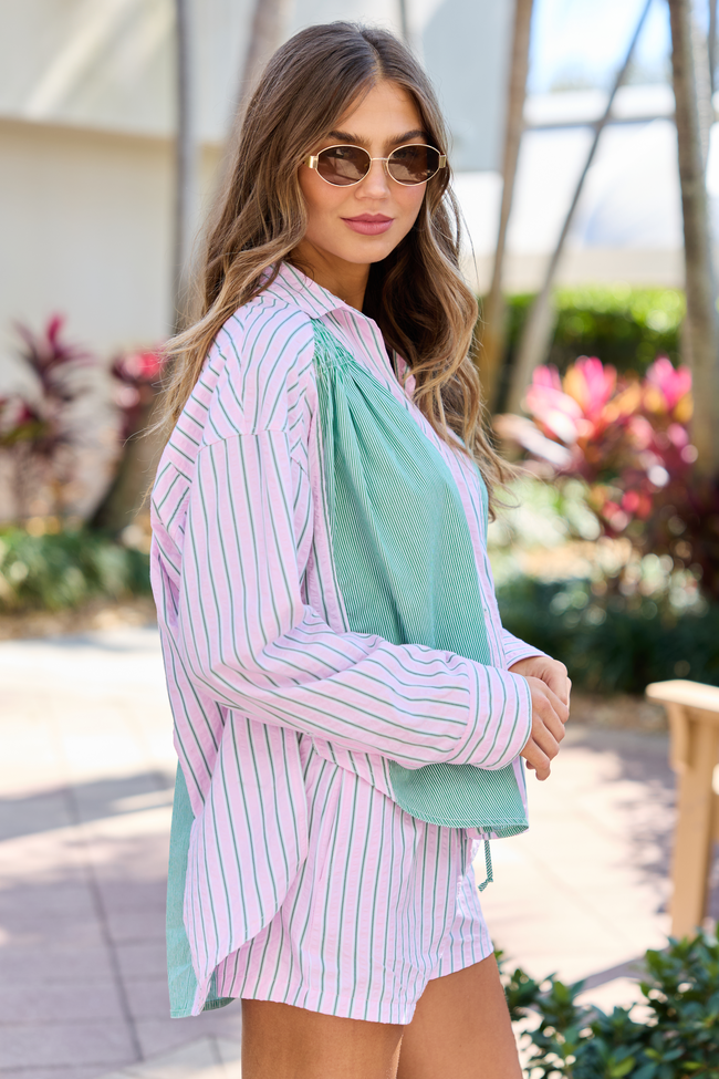 Palm Grove Light Pink and Green Multi Stripe Button Down Shirt SALE