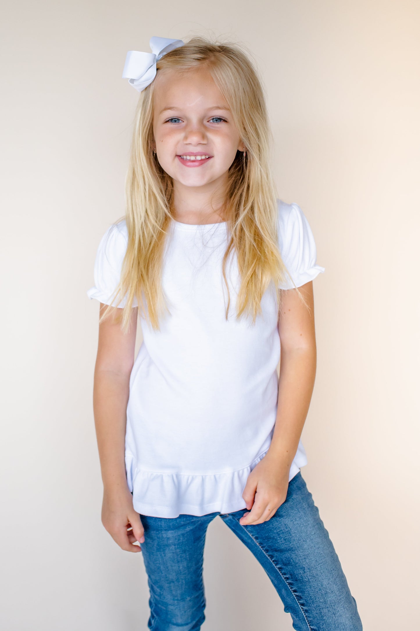 Girl's Poly/Cotton Shirt – White Blank | Tank, Ruffle & Puff Sleeve Styles | Sizes 12m–12Y
