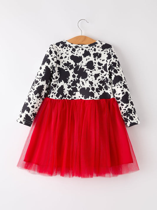 Autumn Cow Pattern Girls Long Sleeve Dress