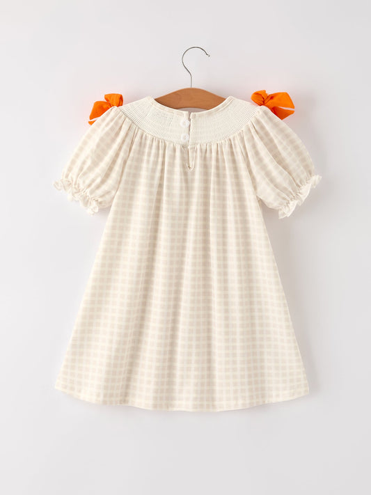 Fall Thanksgiving Apricot Plaid Turkey Embroidery Smocking Baby Girls Dress