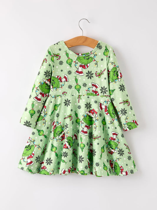 Winter Christmas Character Print  Green Girls Dress