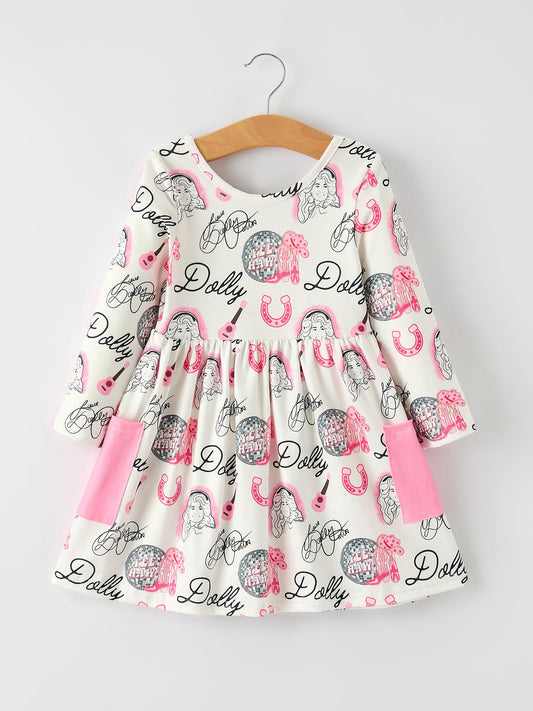 Pink Dolly Pattern Long Sleeve Dress – Cute Cowgirl Style for Girls