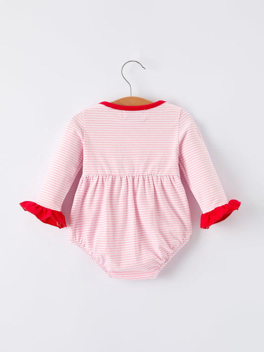 Christmas Candy Cane Embroidery Striped Baby Girl Romper with Pocket Ruffles