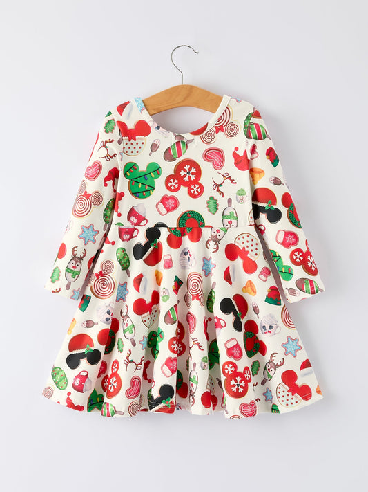 Christmas Character Cookie Print Girls Long Sleeve Dress