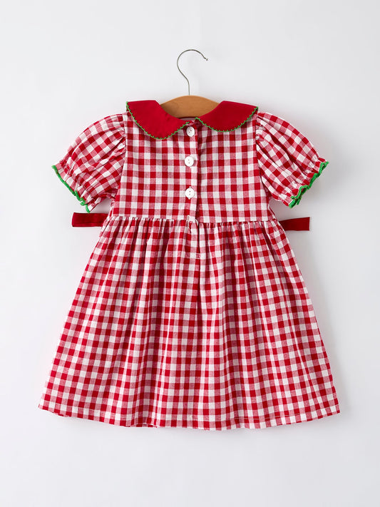 Girls Christmas Outfit – Red Plaid Dress with Tree Bow Accents