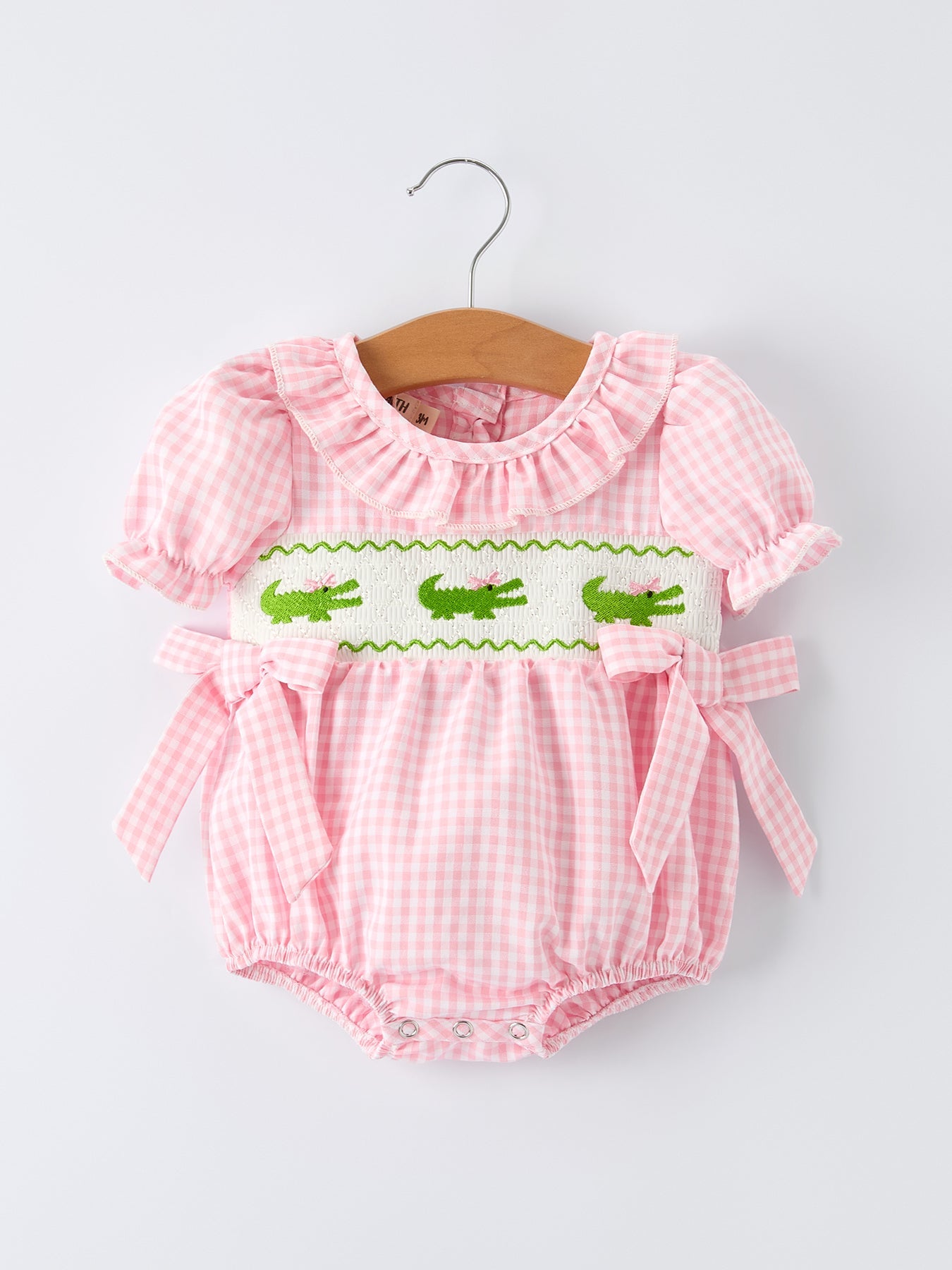 Baby Girls Summer Crocodile Embroidered Smocked Romper.