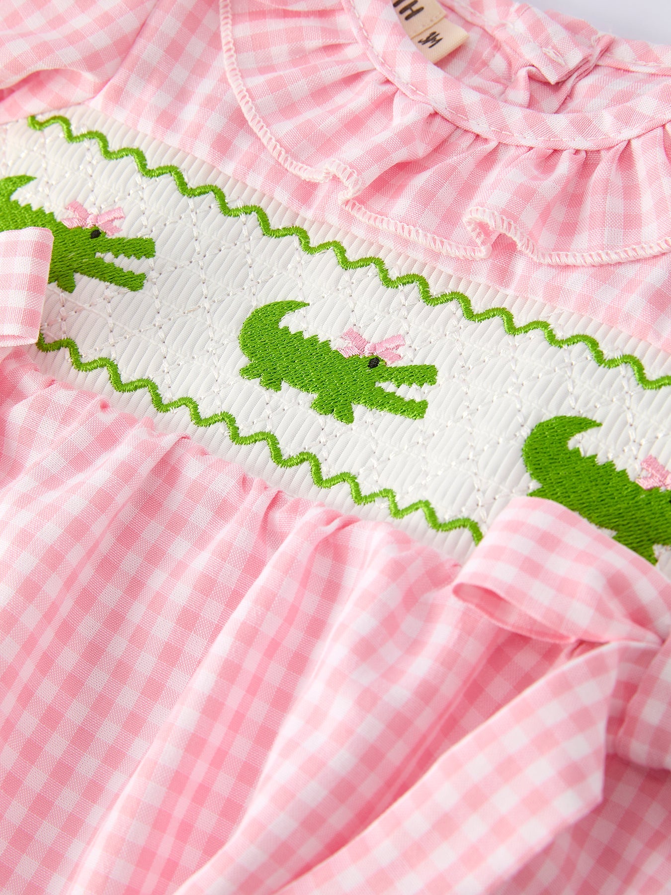 Baby Girls Summer Crocodile Embroidered Smocked Romper.