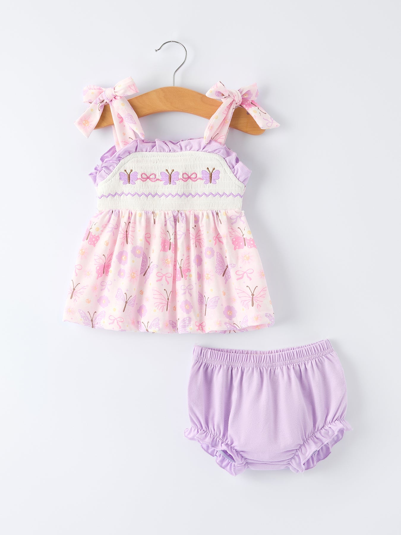 Butterfly Embroidery Smocking Bow Baby Girls Bloomers Set.