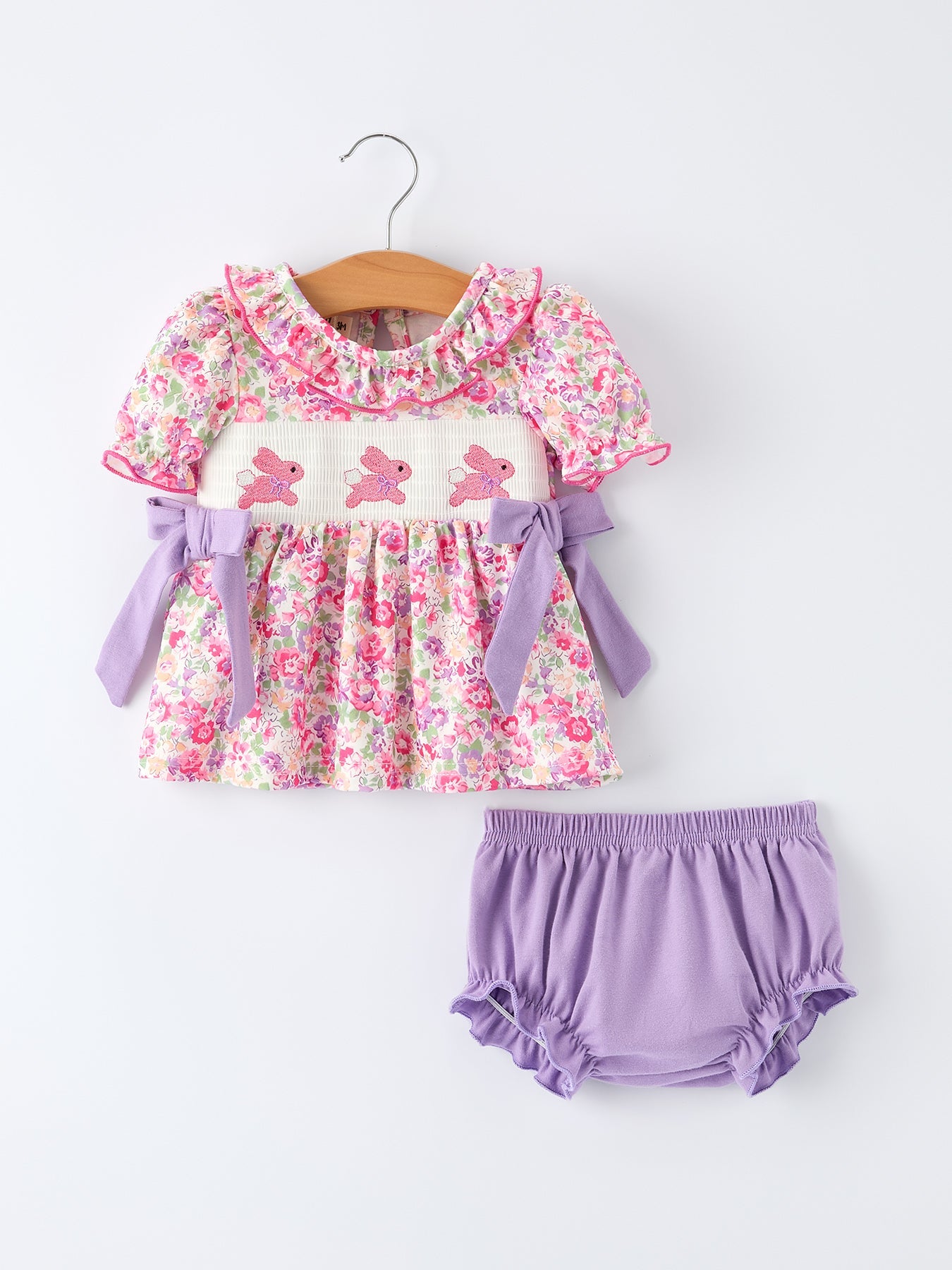 PREORDER- Easter Colorful Floral Bunny Embroidery Bow Ruffle Girl Bloomer Set