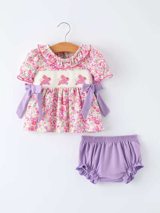 PREORDER- Easter Colorful Floral Bunny Embroidery Bow Ruffle Girl Bloomer Set