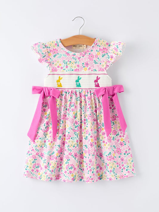 Easter Colorful Floral Bunny Bow Smocking Embroidery Girl Dress.