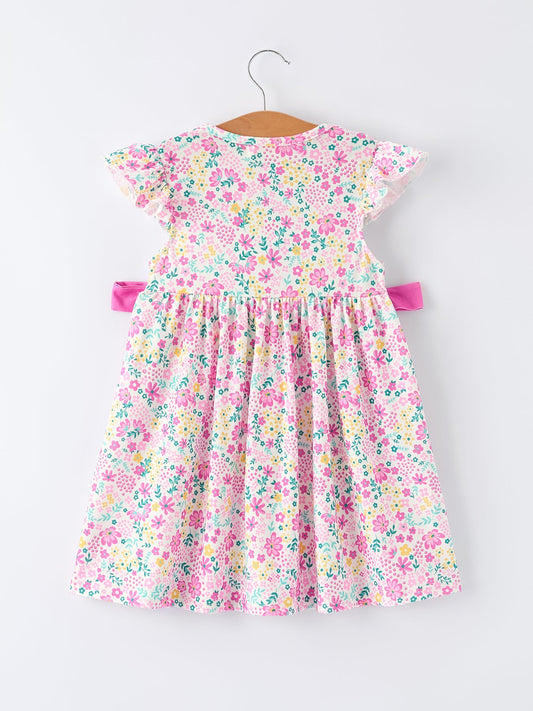 Easter Colorful Floral Bunny Bow Smocking Embroidery Girl Dress.