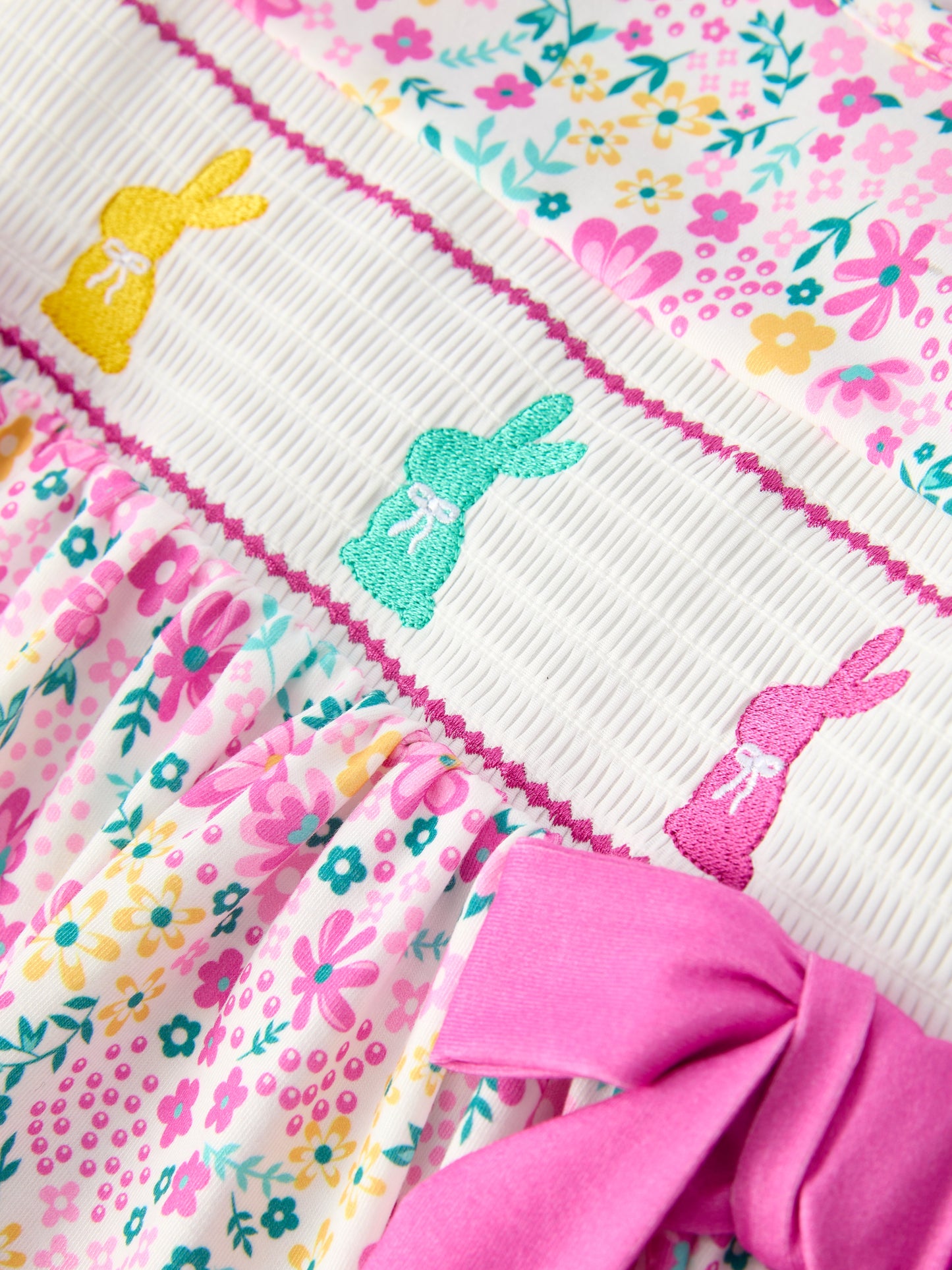 Easter Colorful Floral Bunny Bow Smocking Embroidery Girl Dress.