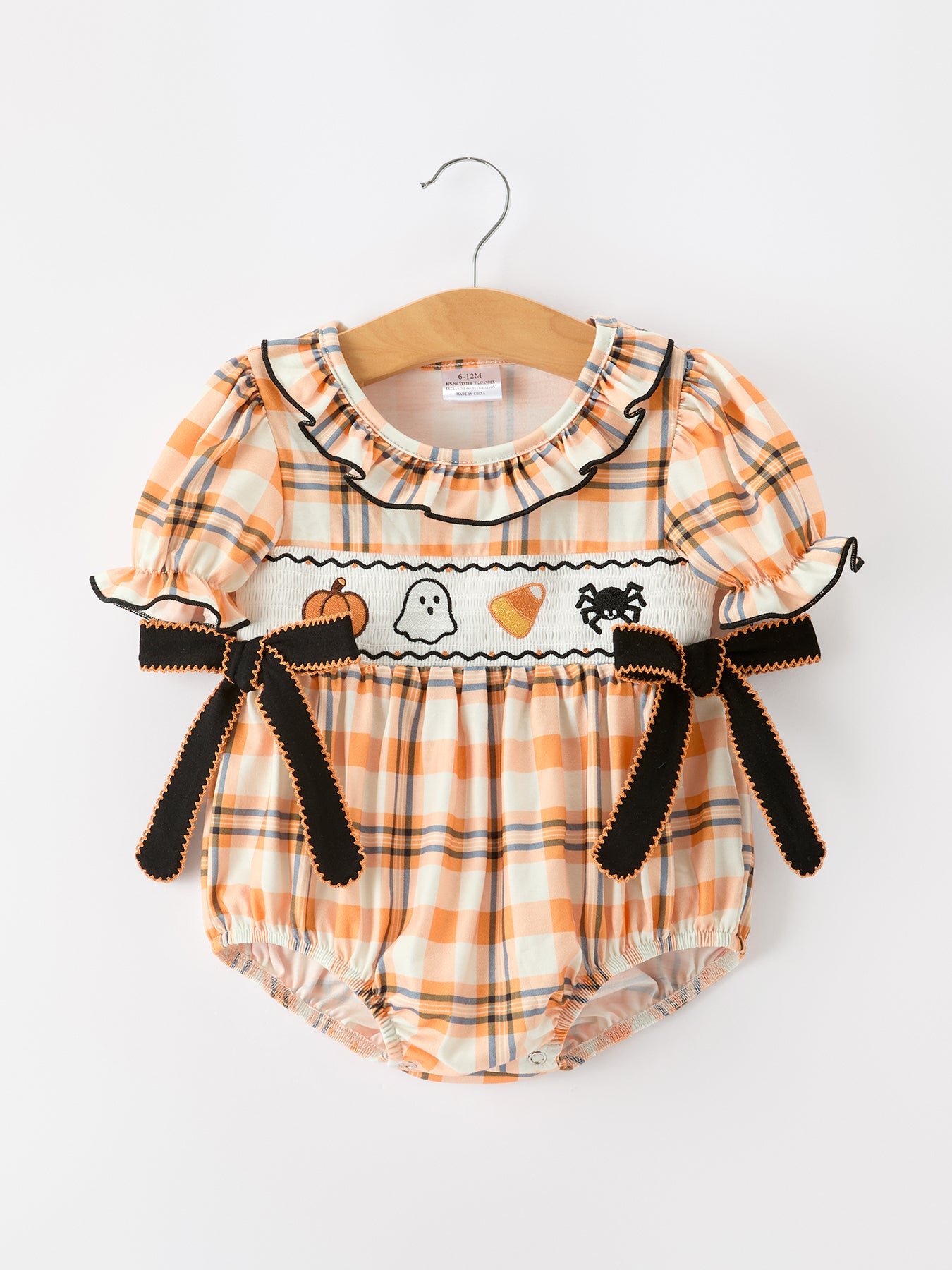 Halloween Plaid Smocked Baby Bubble Romper