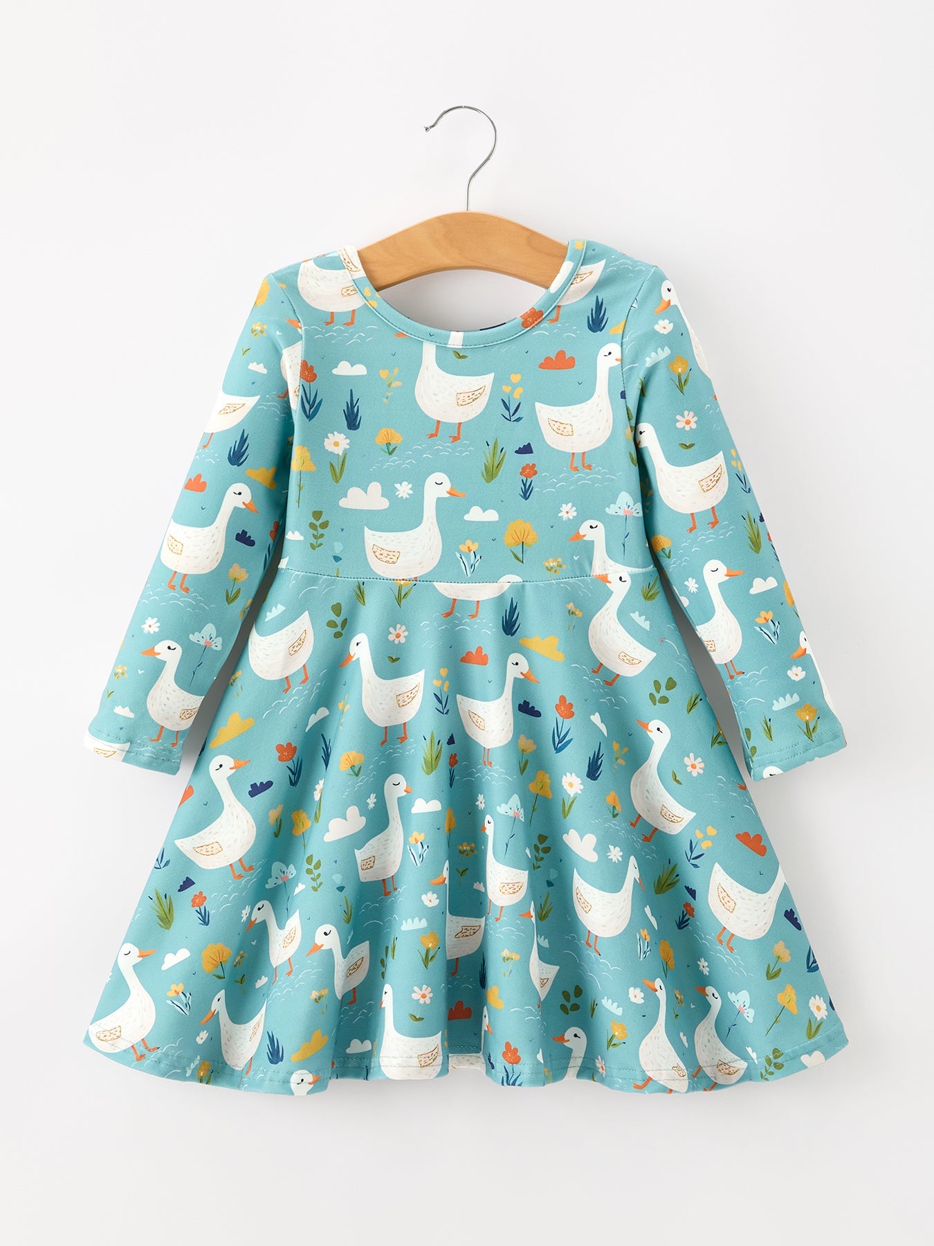 PREORDER Fall Goose Print Girls Long Sleeve Twirl Dress