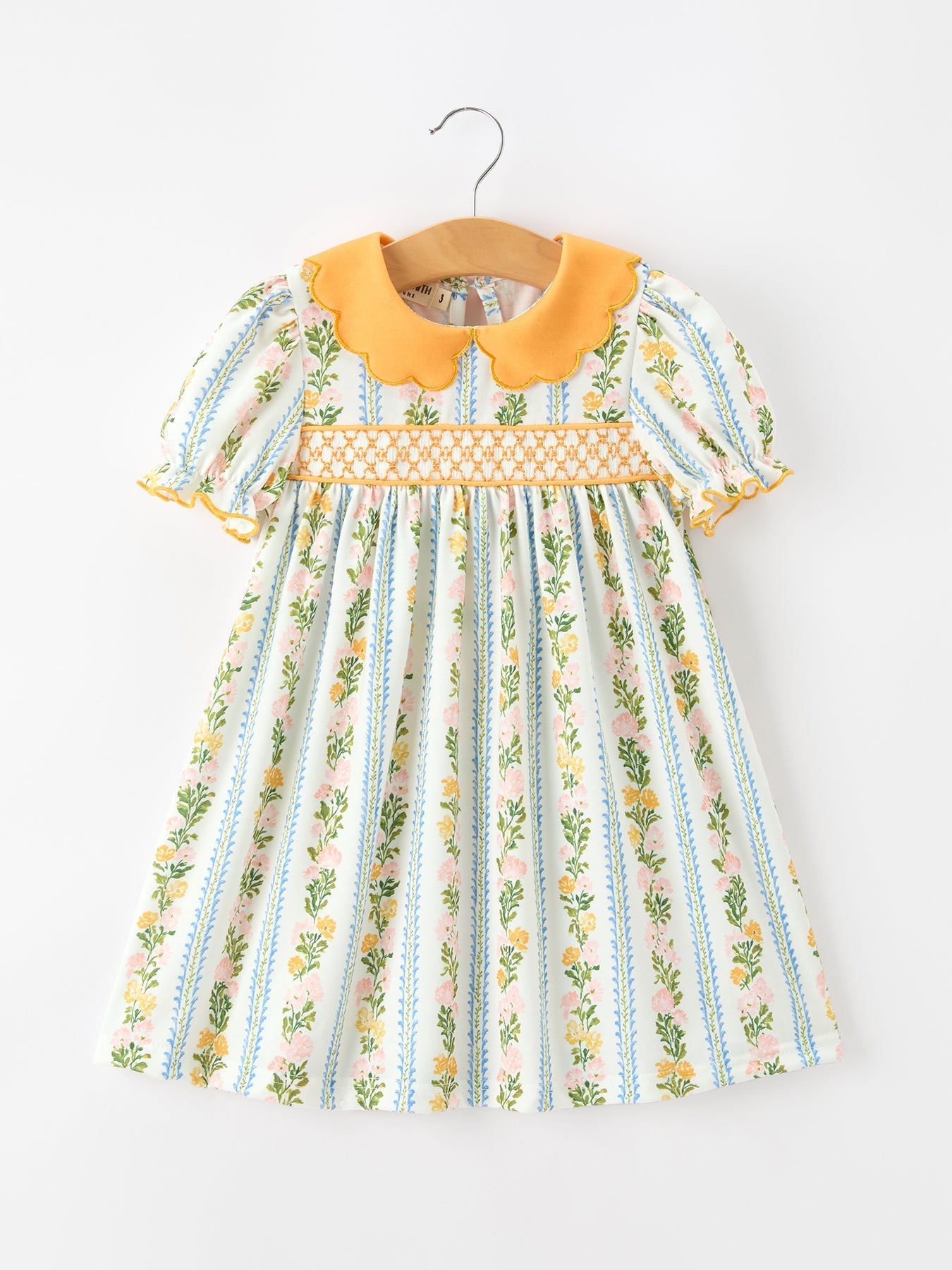 Fall Smocked Floral & Stripe Baby Girl Dress with Scallop Collar