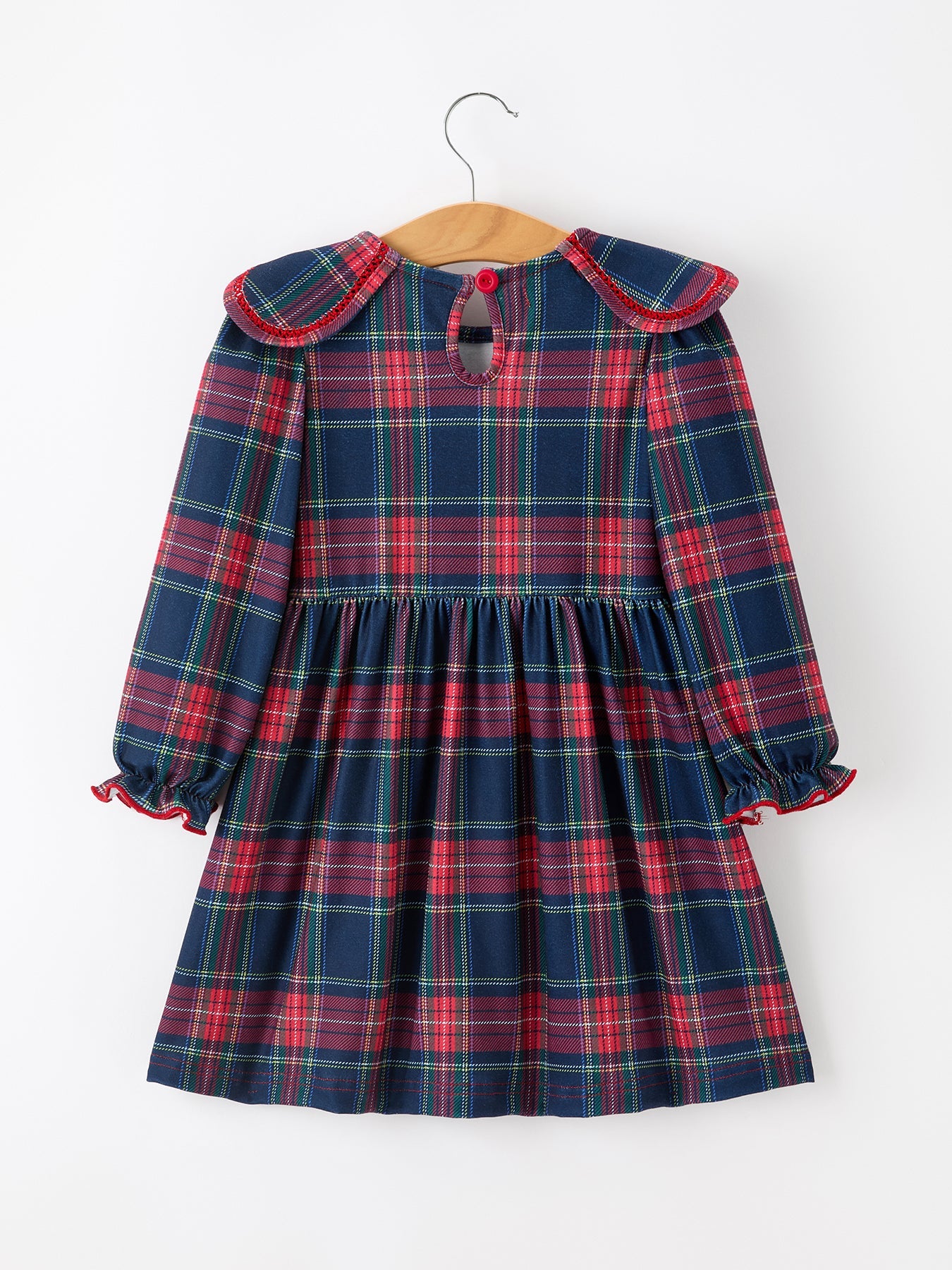Fall Plaid Girl Dress Petal Collar Puff Sleeve Long Sleeve