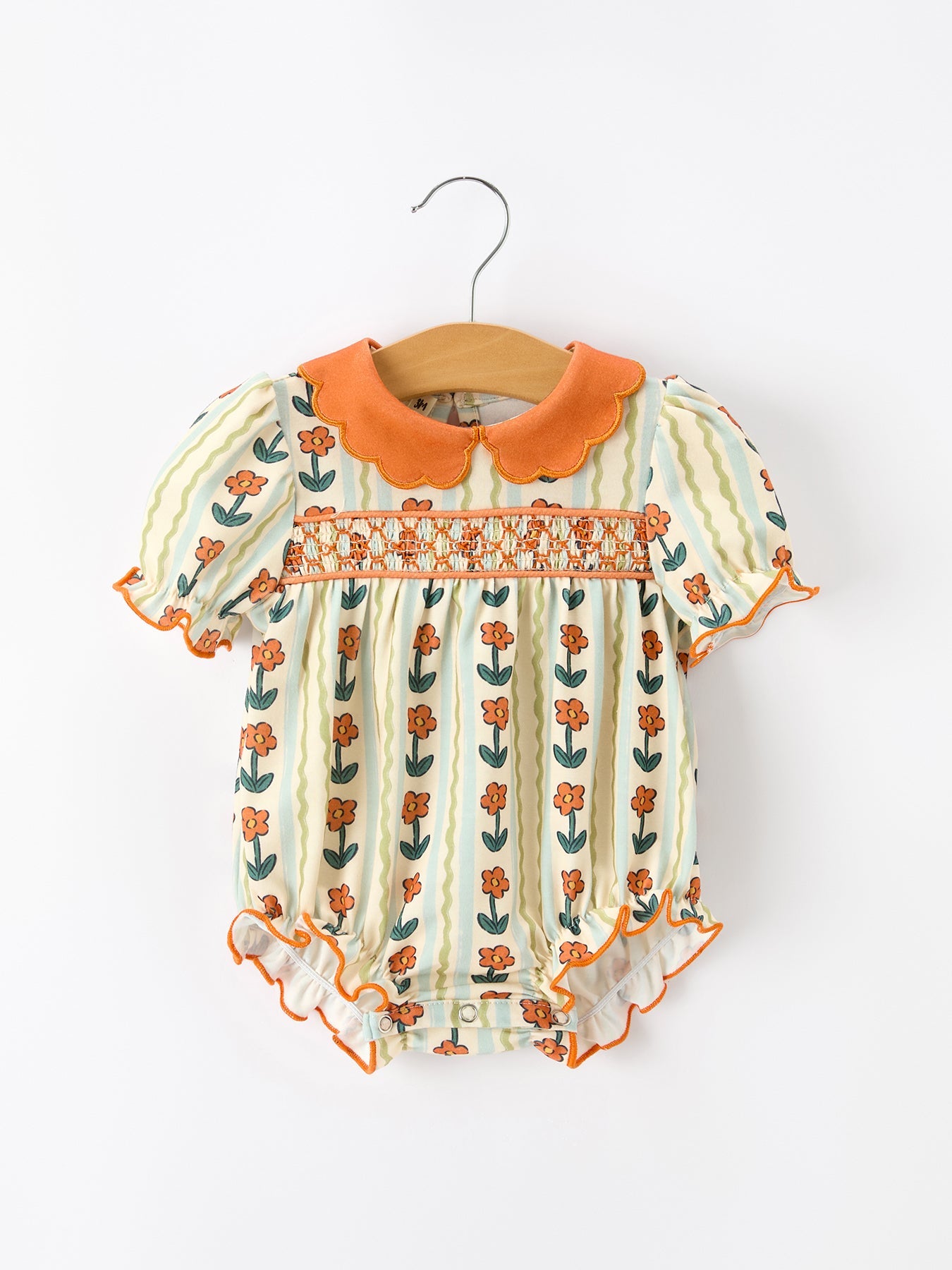Fall Floral Stripe Baby Romper Petals Collar Smocked Puff Sleeve