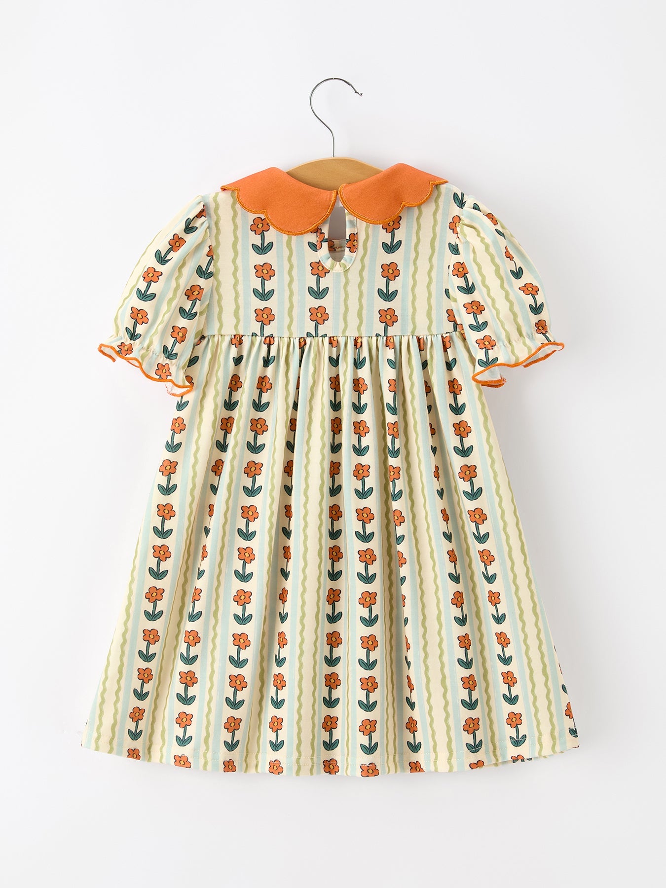 Fall Floral Stripe Girls Dress Petals Collar Smocked Puff Sleeve