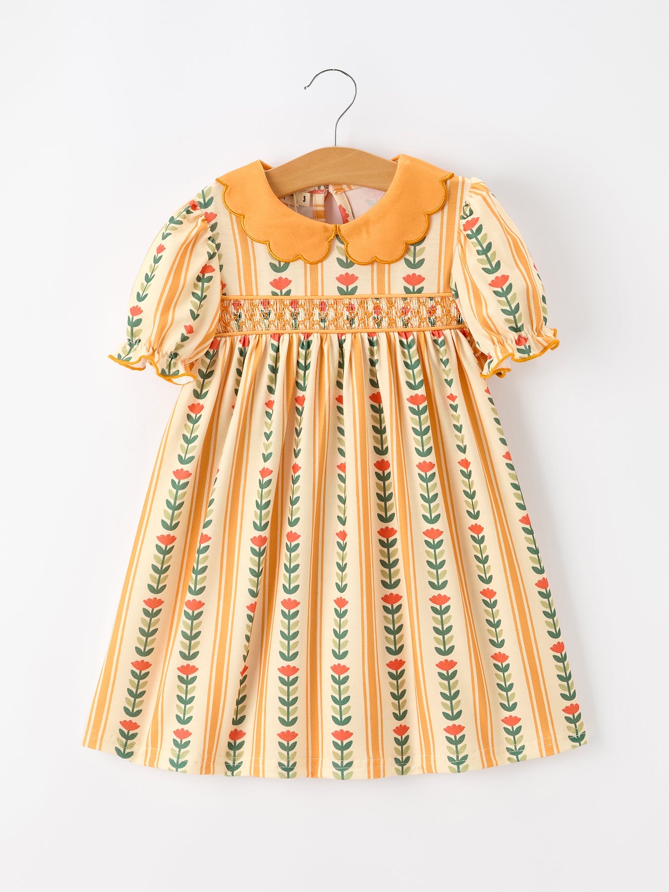 Fall Floral Stripe Girls Dress Petals Collar Smocked