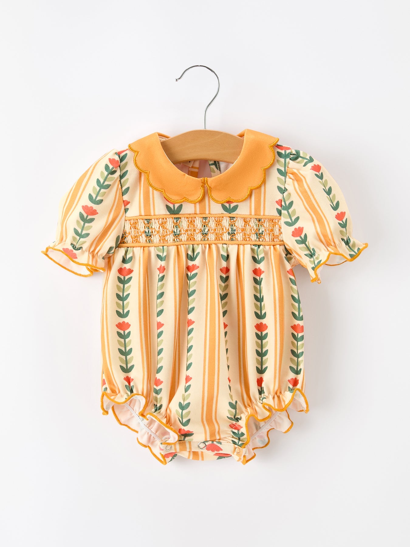 Fall Floral Stripe Baby Girls Romper Petals Collar Smocked