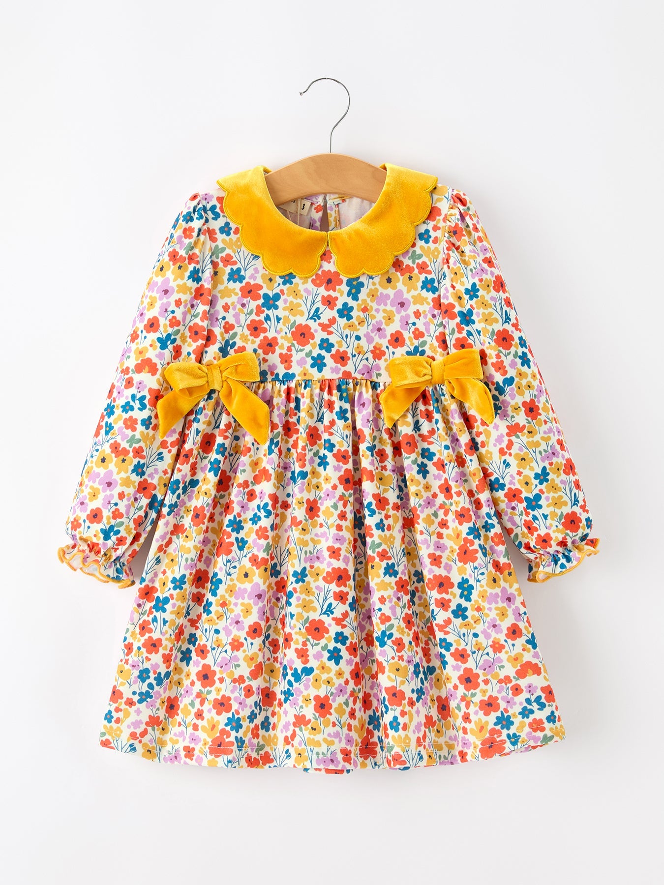 Floral Girls Dress Yellow Velvet Collar Bow Puff Sleeve Dress