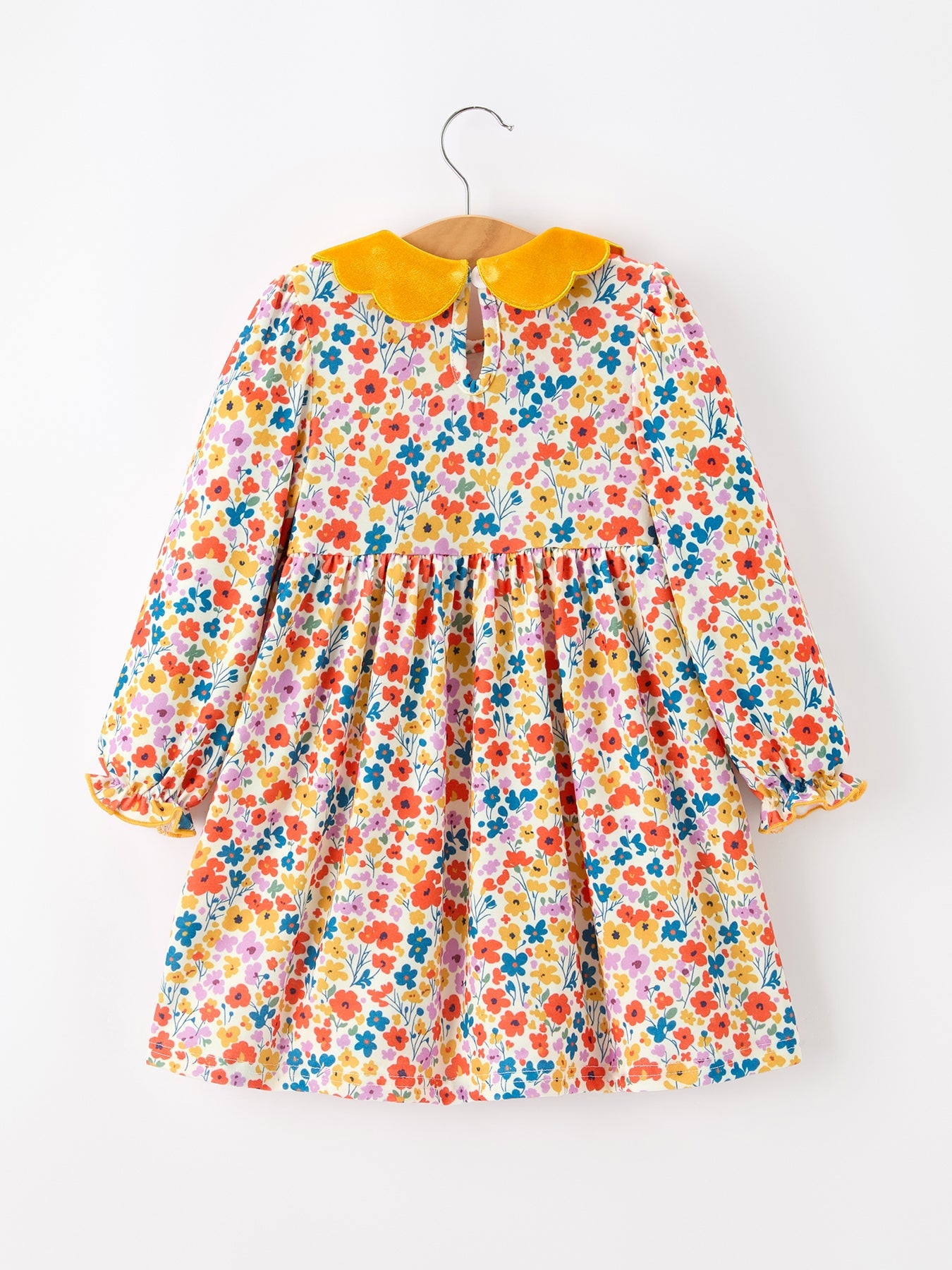 Floral Girls Dress Yellow Velvet Collar Bow Puff Sleeve Dress