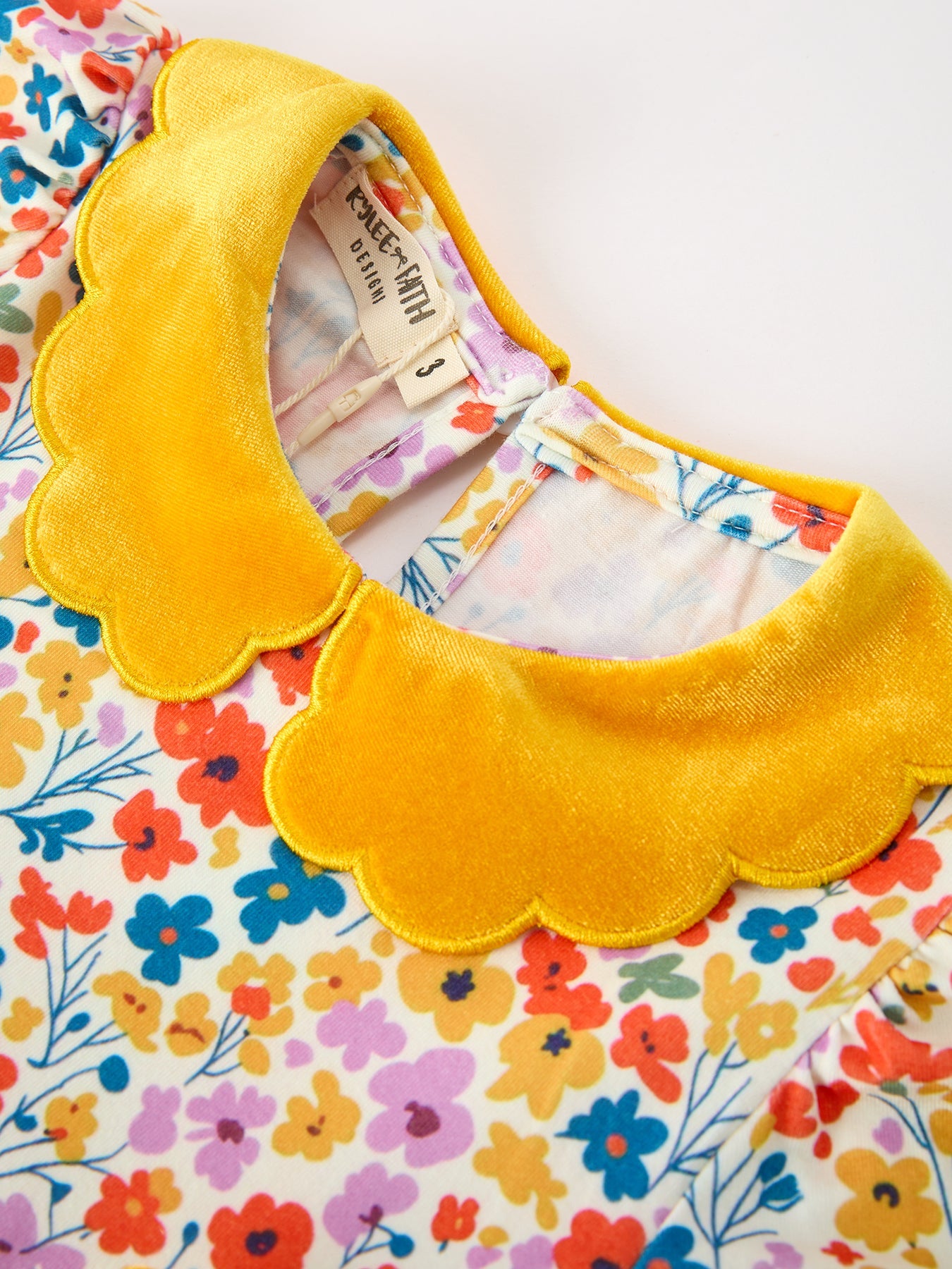 Floral Girls Dress Yellow Velvet Collar Bow Puff Sleeve Dress