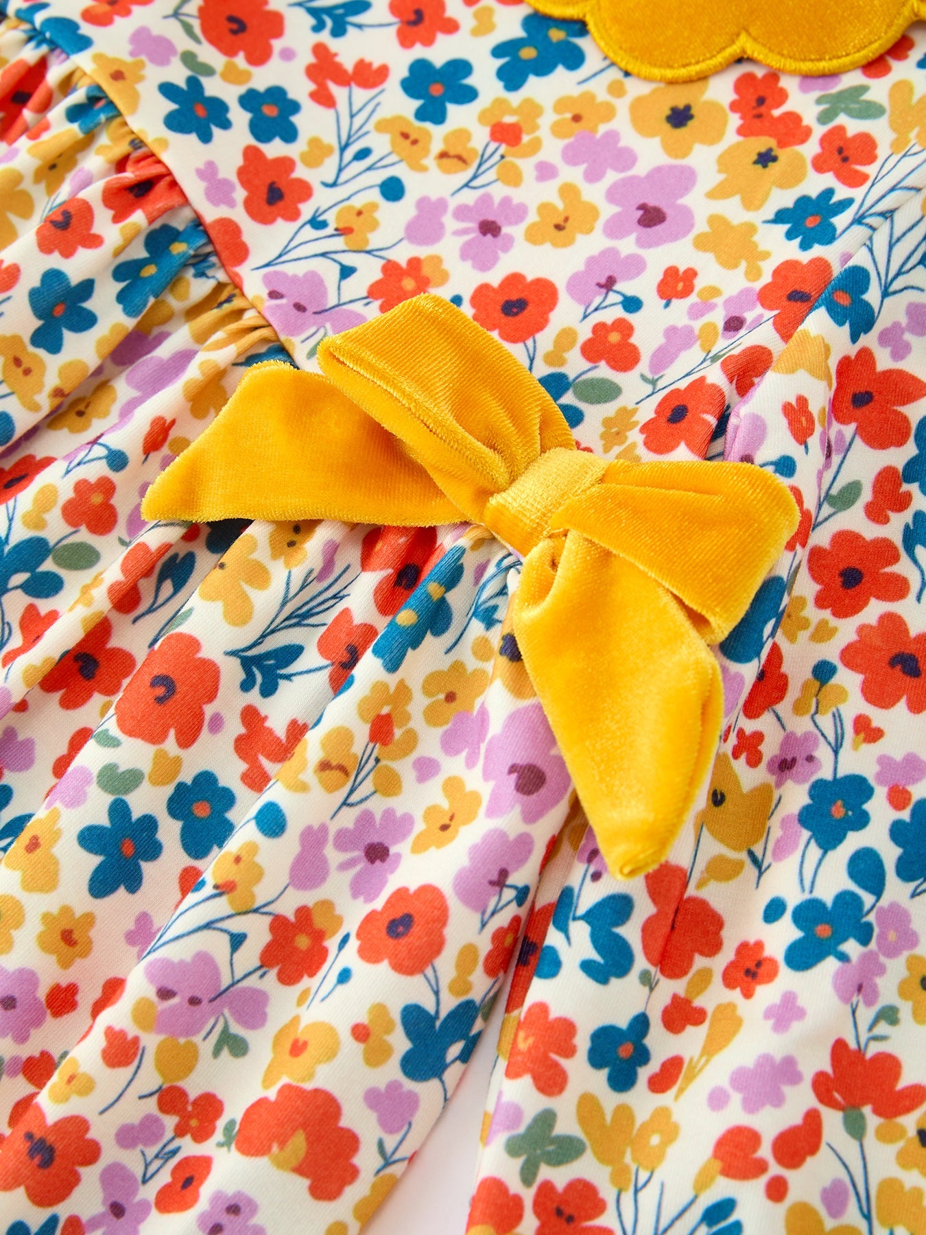 Floral Girls Dress Yellow Velvet Collar Bow Puff Sleeve Dress
