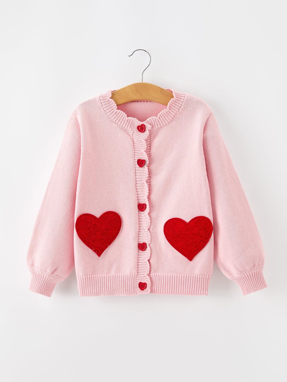 Girls Valentine's Day Pink Heart Lace Knit Cardigan