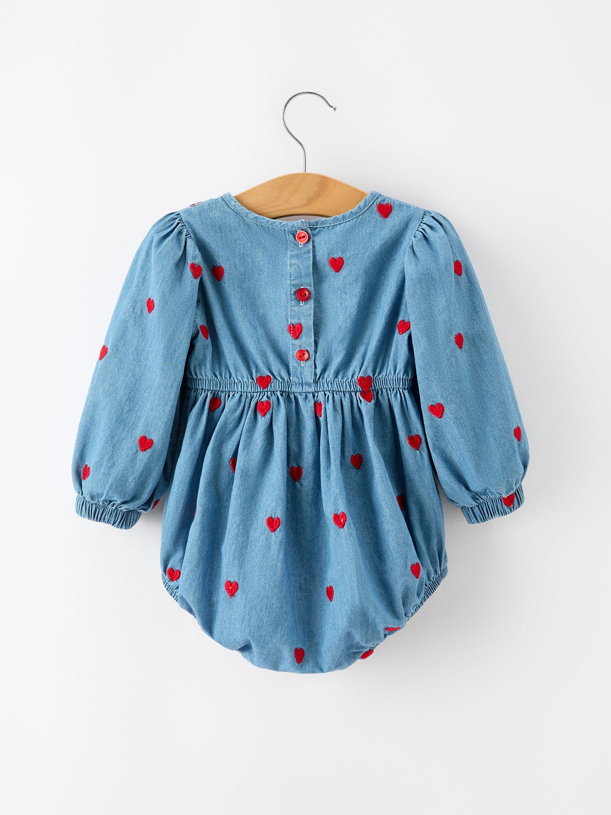 Valentine’s Day Baby Girls Heart Embroidered Denim Bubble Romper