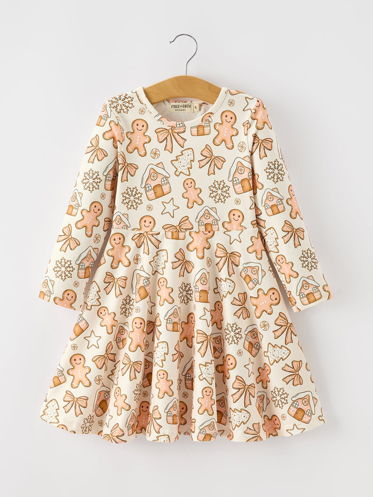 Christmas Gingerbread Cookie Girls Long Sleeve Twirl Dress