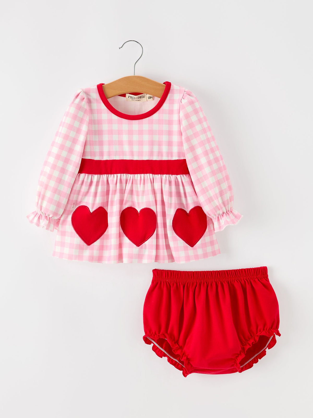 Valentine’s Day Baby Girls Pink Plaid Heart Applique Top & Bloomer Set