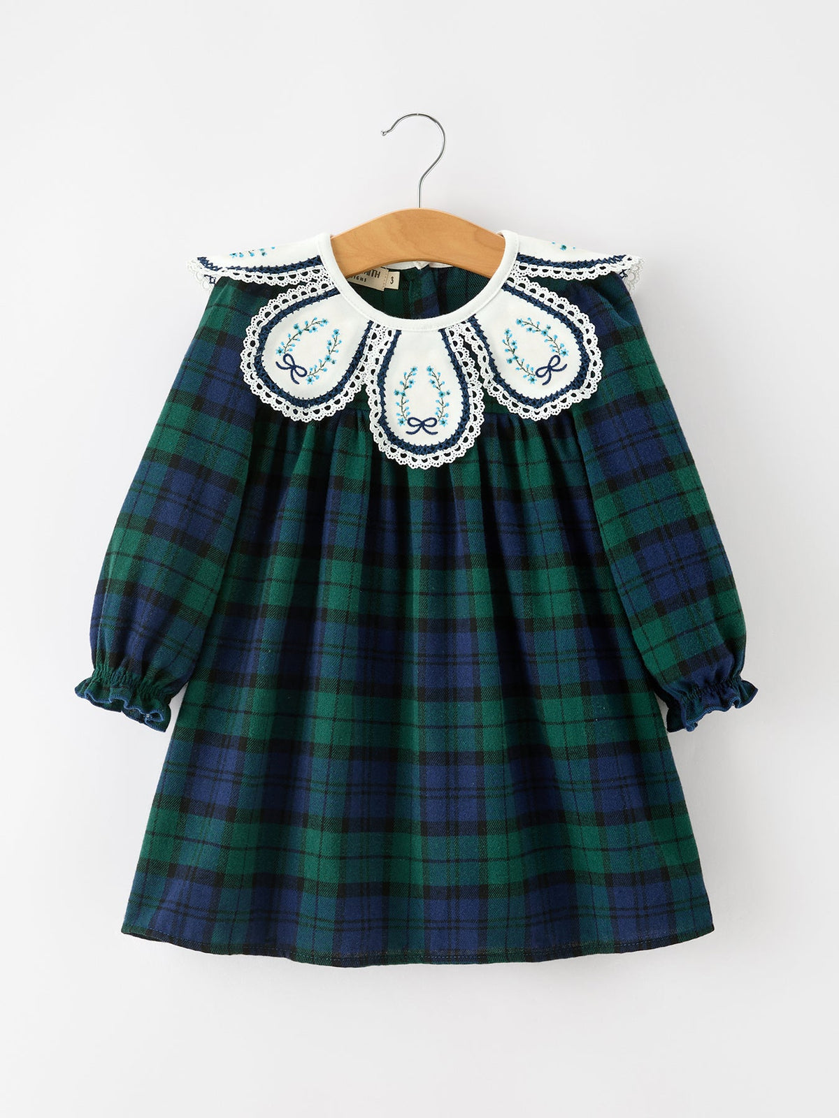Christmas Girls Green & Navy Plaid Embroidered Collar Dress