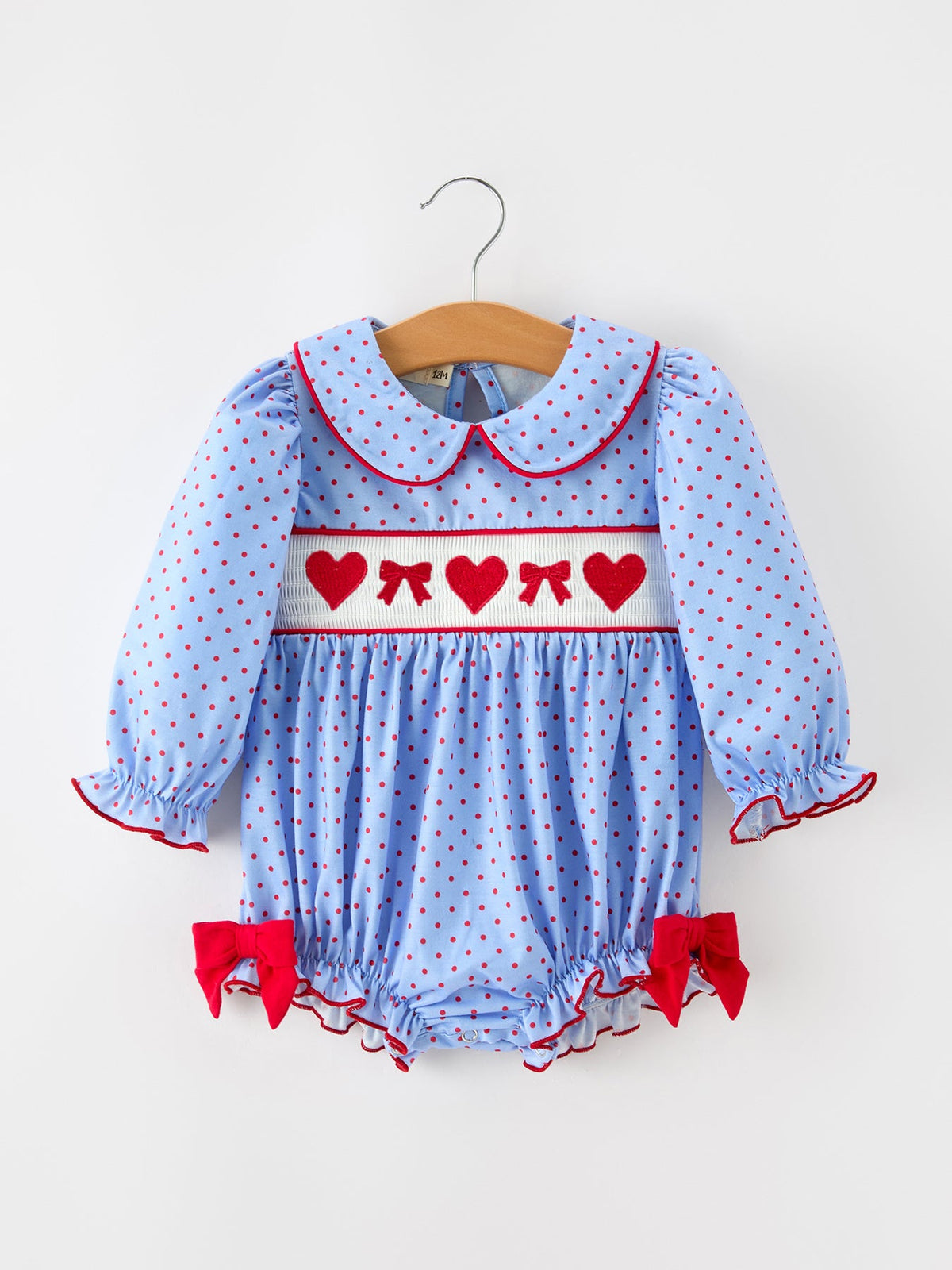 Baby Girls Valentine's Day Blue Heart & Bow Smocked Bubble Romper