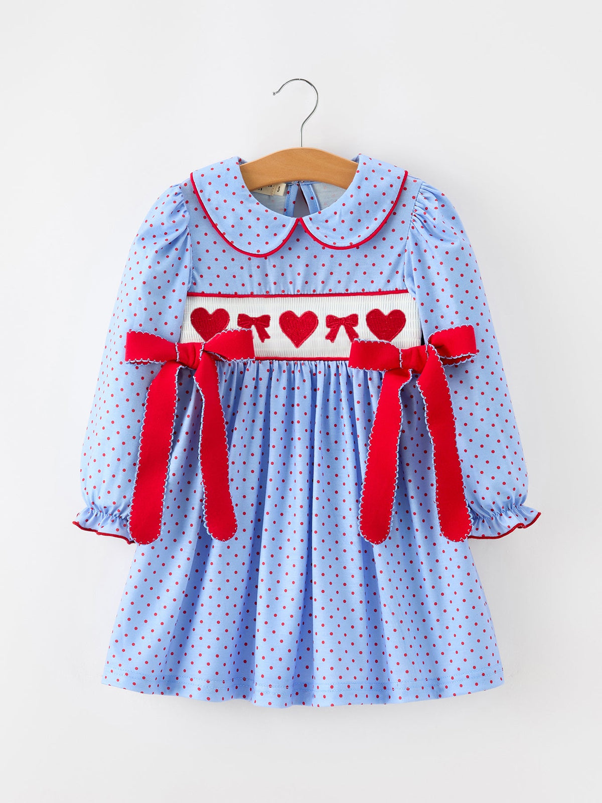 Girls Valentine's Day Blue Heart & Bow Smocked Dress