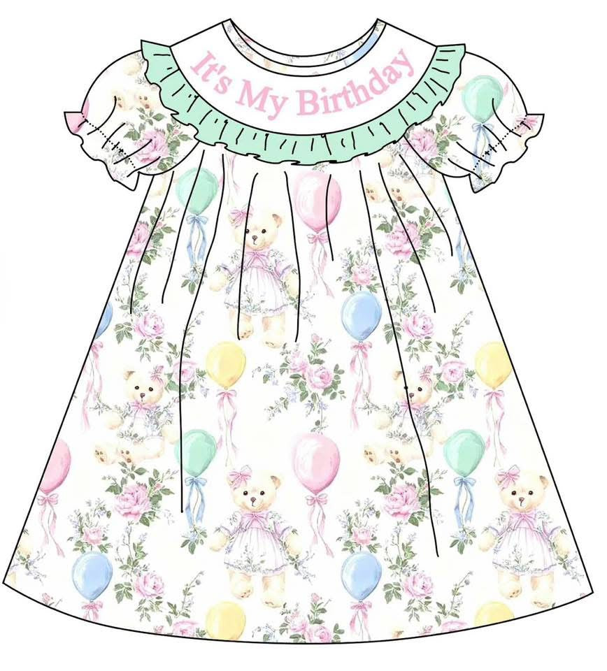 PO- "IT'S MY BIRTHDAY" Smocked Teddy Bear Birthday Wishes Dress