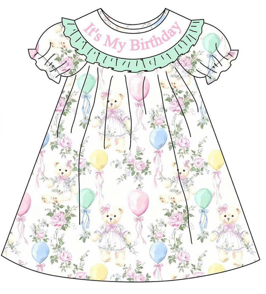 PO- "It's My Birthday" Smocked Teddy Bear Birthday Wishes Dress