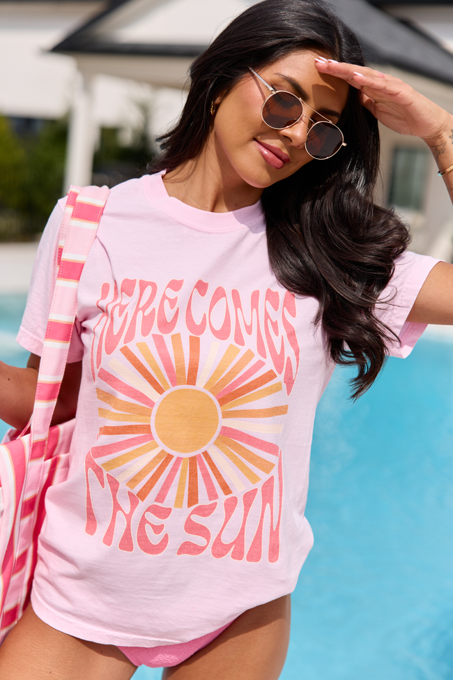 Here Comes The Sun Light Pink Comfort Colors Graphic Tee SALE